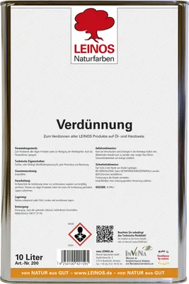 Produktbild von LEINOS 200 Verdünnung 10 Liter | Zum Verdünnen aller öligen Produkte sowie zur Reinigung der Arbeitsgeräte. Auch als Fleckentferner geeignet.