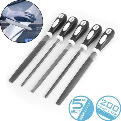 A set of five metal files with black and white handles, displayed on a white background. A circular inset image shows a gloved hand using a file on a piece of metal.