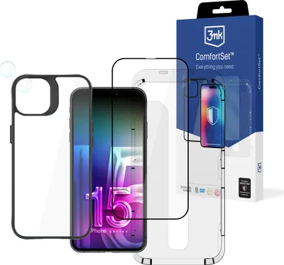 Produktbild von 3mk Comfort Set 4in1 Schutzhülle, Display Gehärtetes Glas, Hybridglas Kameralinse für iPhone 15