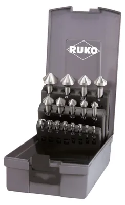 Image de RUKO Jeu de fraises coniques et ébavureuses DIN 335 Forme C 90° HSS en cassette plastique - 17 pièces - 102155RO