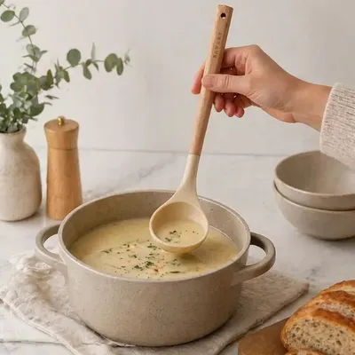Produktbild von Silikon - Suppenlöffel - Hitzebeständig - Holzgriff - Schwarz