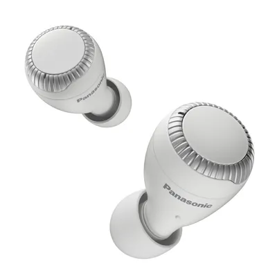 Two white Panasonic earbuds are shown against a white background.
