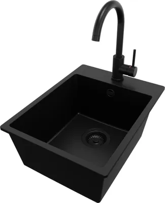 Produktbild von PRIMAGRAN Granitspüle Alles Schwarz 38x50cm, Spülbecken 1 Becken + Küchenarmatur 32x20cm + Ablauf-Set, Küchenspüle ab 40er Unterschrank - Riga