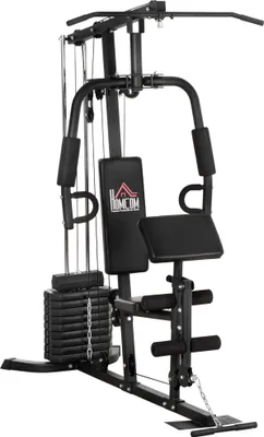 Zdjęcie produktu dla Kompaktowa stacja treningowa HOMCOM, wielofunkcyjna stacja fitness, wielostanowiskowa z motylkiem, uginaniem ramion, ściąganiem drążka wyciągu górnego, prostowaniem nóg, blokiem ciężarków 45 kg do treningu siłowego, kolor czarny
