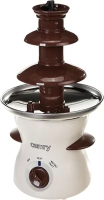 A white and brown electric chocolate fountain with three tiers.