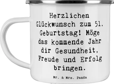 Produktbild von Mr. & Mrs. Panda Teetasse Spruch 51. Geburtstag Freude - Weiß - Geschenk, Pott, Happy Birthday, Glückwünsche, Geburtstagsfeier, Campingbecher, Teebecher, Emaille Tasse