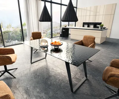 Produktbild von DELIFE Esstisch Edge 200x100 Reliefglas Rauchschwarz 3D-Design Metall Schräg Schwarz