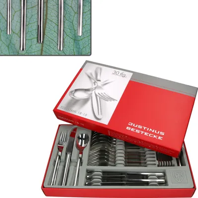 A set of cutlery in its packaging, with some cutlery pieces visible inside the box.
