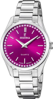 A close-up studio shot of a silver Festina women's watch with a pink dial and crystal accents.