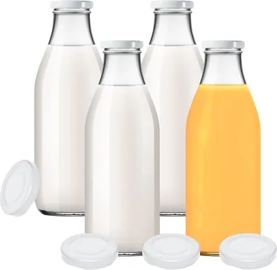 Produktbild von Glasflaschen 4er Set, 1000 ml, mit 8 weißen Schraubverschlüssen, für Küche und Säfte