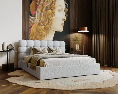 Produktbild von Polsterbett 200x200 Parlas - Elegantes Kopfteil, Schaumstoff - Doppelbett, Metall Lattenrost, Bettkasten - Bouclé-Stoff (Hellgrau - Anthology 15)