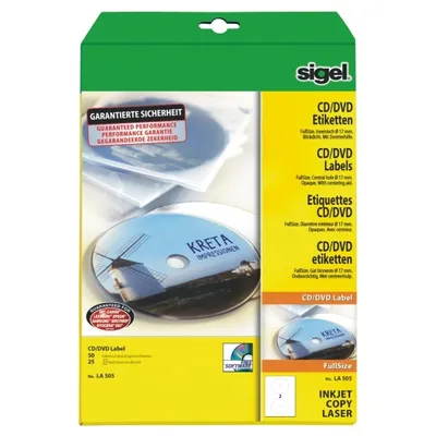 Produktbild von SIGEL LA505 CD-/DVD-Etiketten, weiß, mit Zentrierhilfe, Ø 117 mm (A4), 17 mm Innenloch, 50 Et.=25 BL