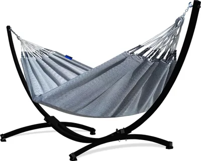 Produktbild von Potenza Outdoor Medelin Hängematte mit Gestell für 2 Personen I 100% Baumwolle Doppelhängematte 220x140, 160kg I SchwarzHängemattengestell 220kg, wetterfest