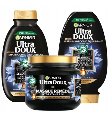 Produktbild von Garnier Wahre Schätze Set Aktivkohle & Schwarzkümmelöl – Haarpflegeset gegen fettigen Ansatz & trockene Spitzen – Shampoo, Spülung & Maske (3-teilig)