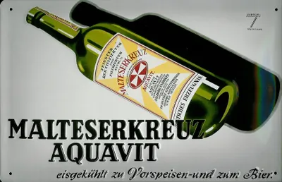 Produktbild von Blechschild Malteserkreuz Aquavit Flasche retro Schild Nostalgie Werbeschild