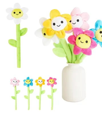 Plüschblumen-Set, 5 bunte Stoffblumen mit Gesicht, 30 cm