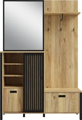 Produktbild von Kompaktgarderobe >JYTANA< mit Spiegel, Mauvella Eiche Nachbildung / schwarz - 132x200,3x40,2cm (BxHxT)