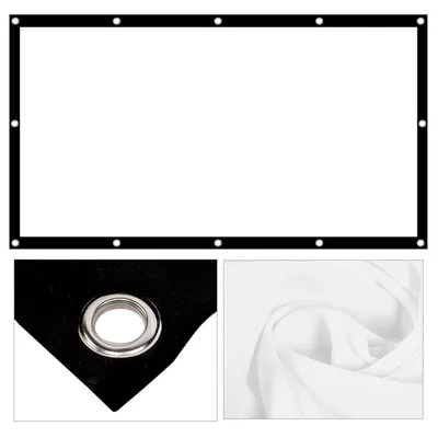 A collage showing a projection screen and close-ups of its features.