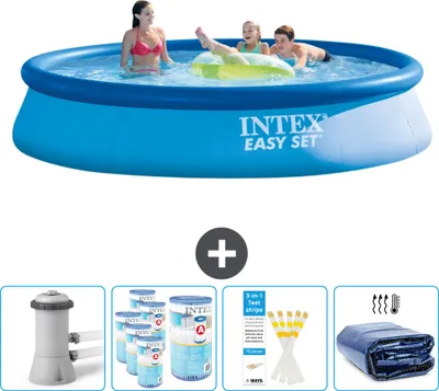 Produktbild von Intex runder aufblasbarer Easy Set-Schwimmpool – 396 x 84 cm – Blau – inklusive Pumpe Filter - Teststreifen - Sonnensegel