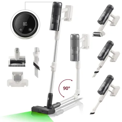 A collage of images showing a cordless vacuum cleaner and its various attachments, along with a digital display and a diagram illustrating its flexibility.