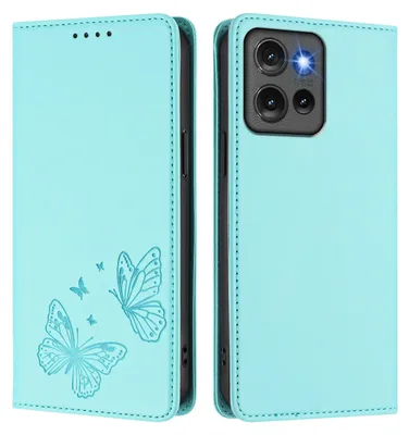Produktbild von Lederhülle für Motorola Edge 50, Schmetterling Prägung Leder Brieftasche Schutzhülle mit Ständer Türkis