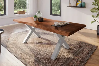 Produktbild von Esstisch 240 x 100 cm Akazie massiv nussbaum Baumkantentisch X-Gestell silber ATLAS