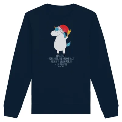 Produktbild von Mr. & Mrs. Panda Rundhals Pullover Einhorn Weihnachtsmann Größe S - French Navy - Geschenk, Pulli, Baumwoll, Sweater, Einhörner, Bio, Nikolaus, Weihnachten, Unicorn