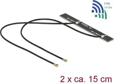 Produktbild von Delock WLAN Twin Antenna 2 x MHF IV 802.11 ac/a/h/b/g/n 5 dBi 150 mm PCB internal self adhesive - Antenne - Wi-Fi - 5 dBi - Schwarz