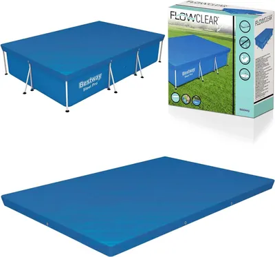 A collage of images showing a blue rectangular swimming pool cover, its packaging, and the cover laid out flat.