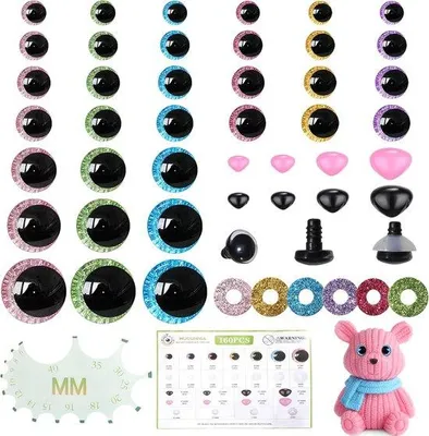 Produktbild von 160 Stück Sicherheitsaugen und -nasen für Haken, 3D-Sicherheitsaugen und -haken für Amigurumi, Bastelaugen für Plüschtiere, groß
