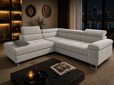 Produktbild von Goldstoff Voyage Cord-Ecksofa mit Schlaffunktion Hellgrau L-Form Eckcouch mit Bettkasten Liegefläche 195 x 125 cm verstellbare Kopfstützen