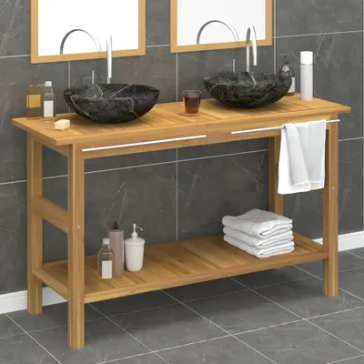Produktbild von 2024 Moderne Spiegelschränke Waschtisch mit Schwarzen Marmorbecken Massivholz Teak 531263