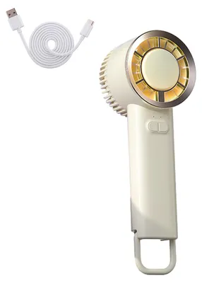 A portable fan and a USB charging cable on a white background.