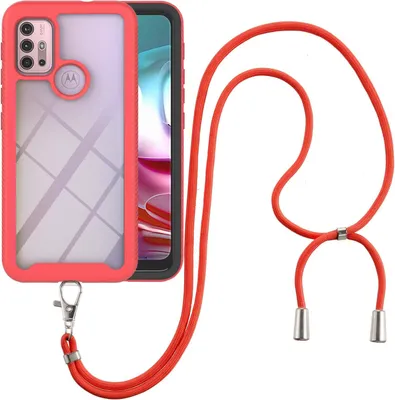 Produktbild von Motorola Moto G30 Handykette Hülle, Transparente TPU Bumper Ganzkörper Schutzhülle mit Kordel zum Umhängen Necklace Schlüsselband für Moto G30 Rot