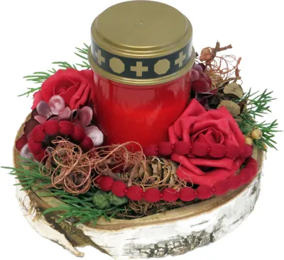 Produktbild von Grabschmuck Birkenscheiben rot Tablett mit Grablicht, wetterfest CreaFlor Home