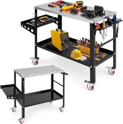 Obrázek produktu pro KOMFOTTEU Pojízdný svařovací stůl 92 x 46 cm, ocelový svařovací stůl s nosností až 540 kg, montážní stůl s otvorovým systémem