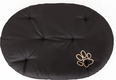 A black oval pet cushion with a paw print logo.