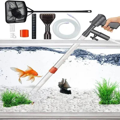 Produktbild von Aquarium Mulmsauger – Kiesreiniger und Wasserwechsler – Aquarium Reinigungsset mit Thermometer und Kescher – Für Kies, Sand und Aquarienpflege