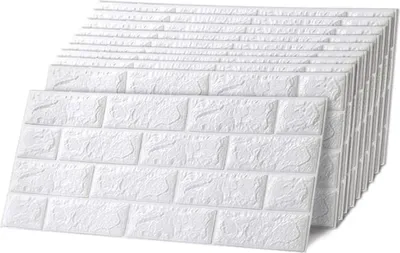 Produktbild von 10 Stück 3D Wandpaneele 8 mm Wandverkleidung Selbstklebend Tapeten Steinoptik 60x30cm Wasserdicht Wandtapete Küchenrückwand Ziegel Wandaufkleber Deko für Küche Badezimmer Weiß