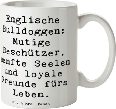 Produktbild von Mr. & Mrs. Panda Teetasse Spruch Englische Bulldogge - Weiß - Geschenk, Hunderassen Beschreibung, Kakaotasse, kaffeetasse bedruckt, Keramikbecher, Charakter, Hunderasse