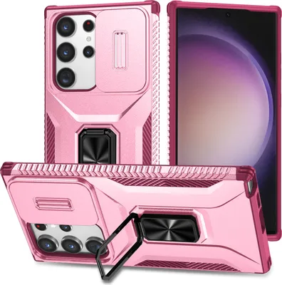 Immagine prodotto di Custodia a doppio strato per Samsung Galaxy S23 Custodia di protezione ultra militare con protezione fotocamera scorrevole e supporto/supporto ad anello Rosa
