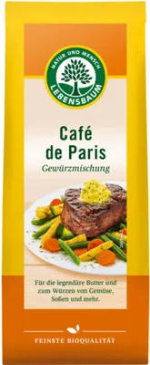 A product package for Lebensbaum Café de Paris spice mix, featuring a steak and vegetables.