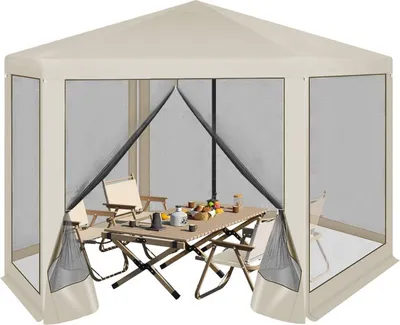 Produktbild von WOLTU Pavillon 3,8x3,3 m sechseckig, mit Seitenwänden Moskitonetz, Metall : Beige Farbe: Beige
