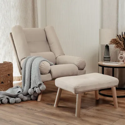 Produktbild von Idohome - Ausklappbarer Sessel mit Fußhocker LILA gepolstert auf skandinavischen Beinen, Farbe: Beige Trinity 02