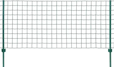 A green metal fence with two posts, shown against a white background.