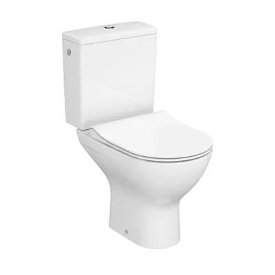 Immagine prodotto di WC compatto VBChome con scarico a vortice. WC a pavimento senza brida, con cassetta di scarico in Duroplast, sedile WC in Vetroceramica con sistema di chiusura rallentata. Colore: bianco