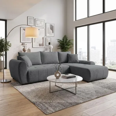 Produktbild von BEAUTYSOFA Ecksofa L-Form DALLAS 255 cm, Ecksofa mit Schlaffunktion und Bettkasten, Schlafsofa in Grau, Eckcouch Webstoff, Ottomane rechts, KI-generiertes Bild