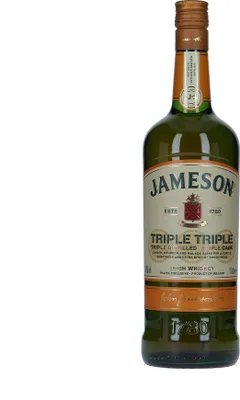 A bottle of Jameson Irish Whiskey against a white background.