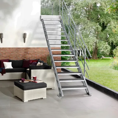 Produktbild von Außentreppe Intercon Hollywood mit 4 Stufen von 75-112 cm | 80 cm WPC anthrazit | einseitiges Geländer | Stiege
