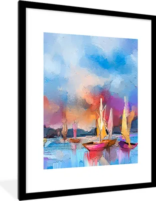 Produktbild von MuchoWow® Gerahmtes Poster Malerei - Boote - Wasser 60x80 cm - Poster mit Schwarzem Bilderrahmen Wandposter Rahmen Foto Bilder - Wohnzimmer - Dekorationen - Prämie